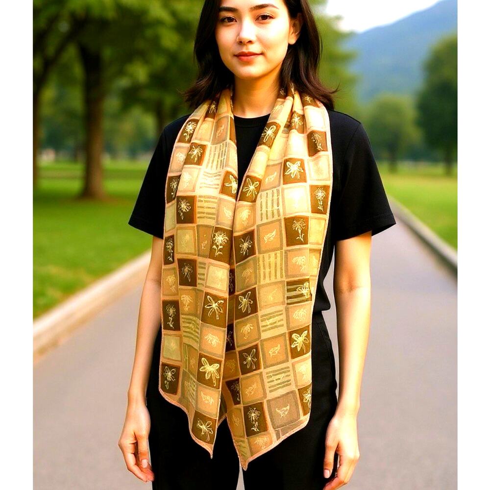 VTG Silk Chiffon Scarf Abstract Geometric Floral Designer Luxury Sheer Elegant